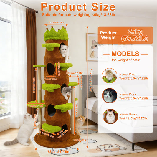 Large Cat Tree 73 Inch Modern Tall Cat Tree Tower, Tree Trunk Cat Condo with Multi-Level Platforms, Wooden Cat Tree for Indoor Multiple Cats and Kittens