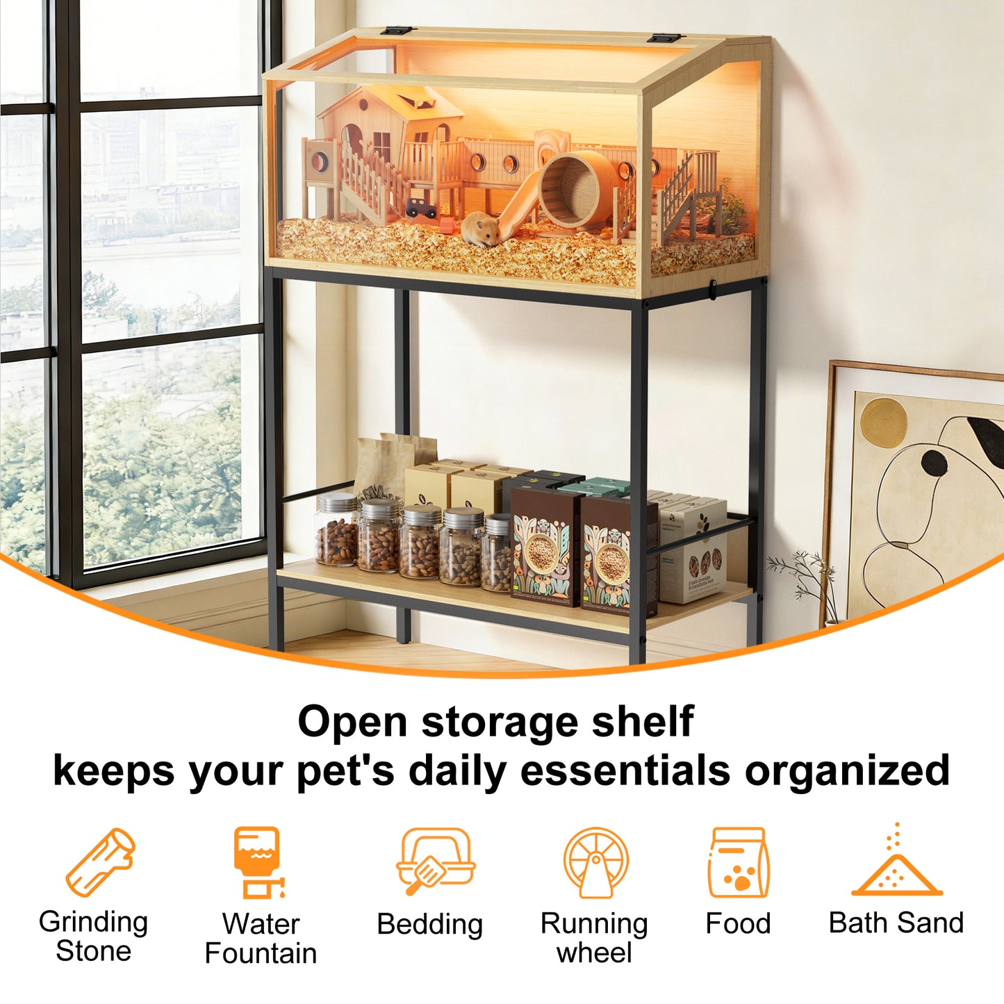 Hamster Cage with Stand: Indoor Wooden Hamster Cage Habitat Enclosure with Shelf Clear Tempered Glass Panel, Built-in LED Lights, for Gerbil, Hedgehog, Chew-proof