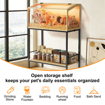 Hamster Cage with Stand: Indoor Wooden Hamster Cage Habitat Enclosure with Shelf Clear Tempered Glass Panel, Built-in LED Lights, for Gerbil, Hedgehog, Chew-proof
