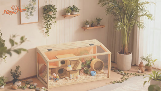 Chew-proof Hamster Cage: Indoor Wooden Hamster Cage with Clear Tempered Glass Panel, Built-in Light, Tabletop Hamsters Habitat Enclosure for Pets