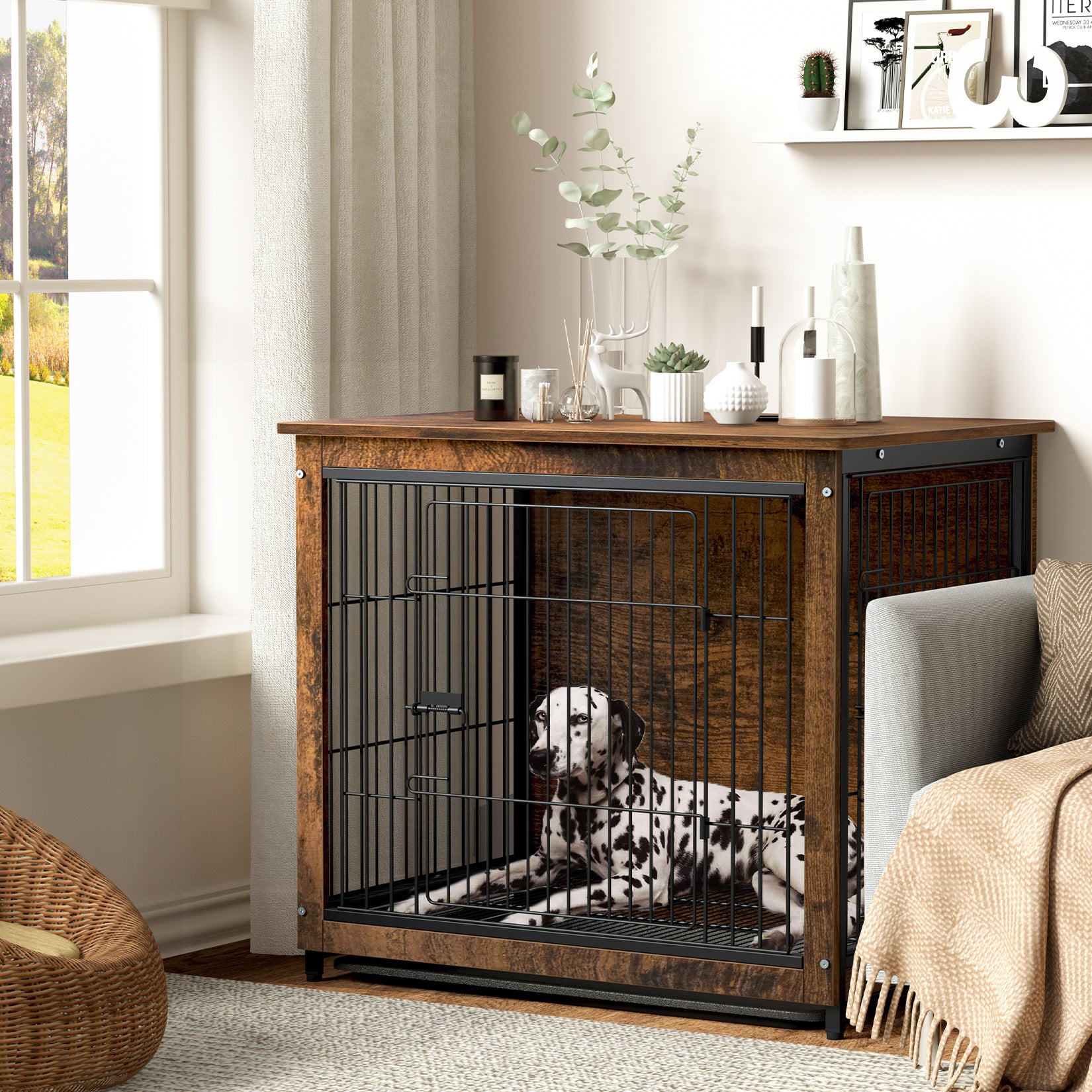 Furniture Dog Cage End Table Wooden Crate Double Door Tray BingoPaw