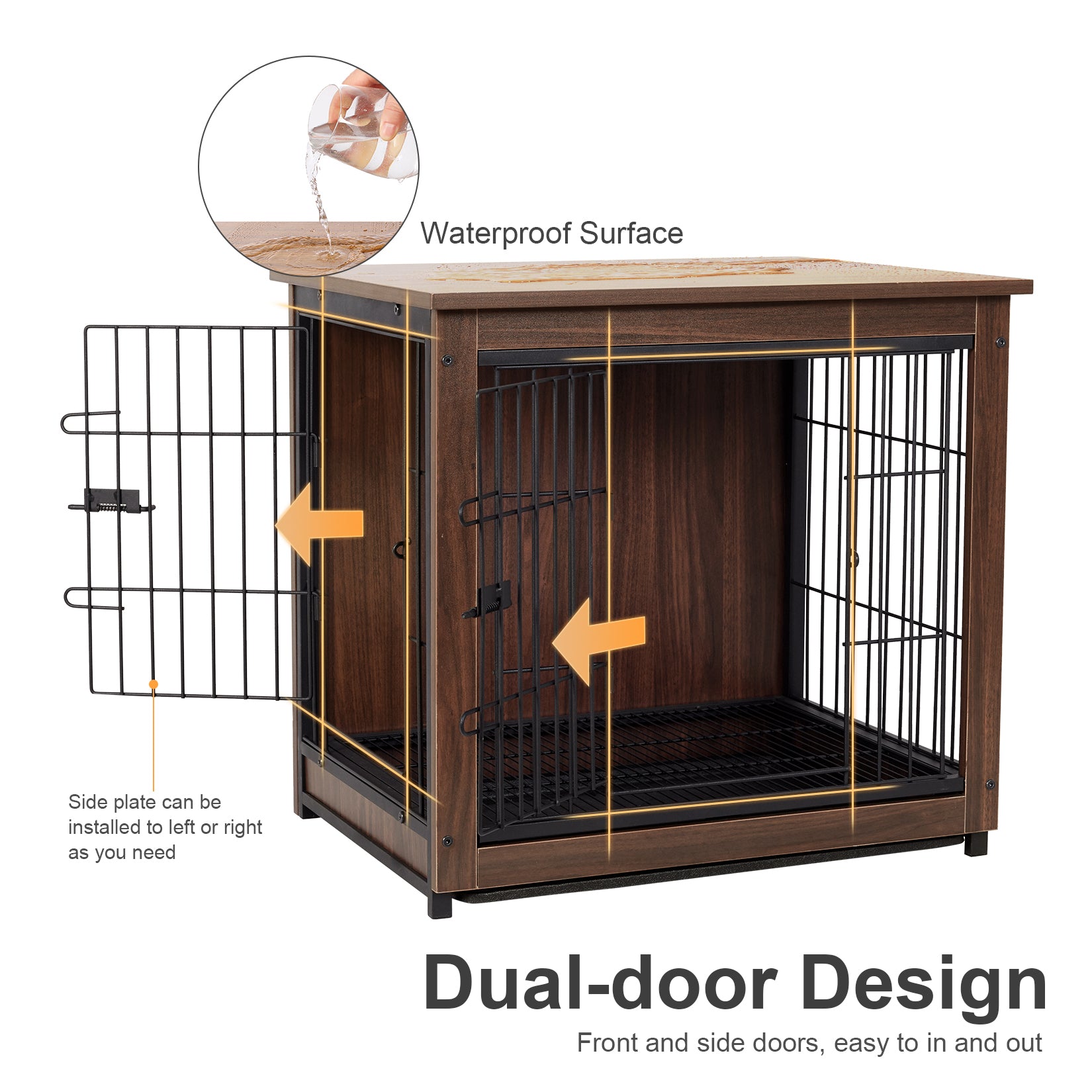 Crate Kennel Double Door with Tray Metal Wood Dog Cage