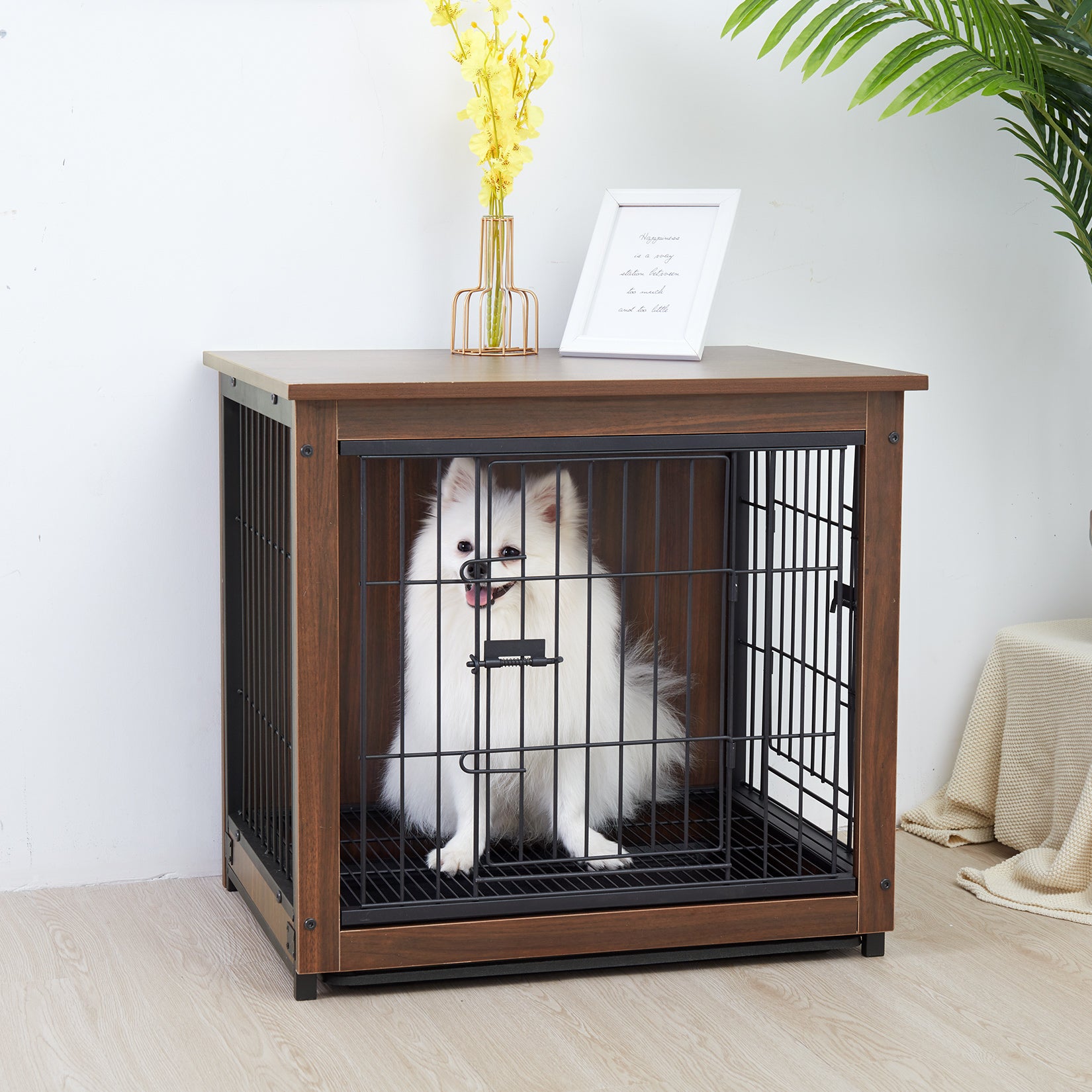 The dog cage is made of wood and metal with a nice-looking walnut color finish. Application in all kinds of interiors. Dual doors for multiple entry options, latch mechanism keep your dogs secure. It also features a removable tray to make cleaning up accidents or spills easy.