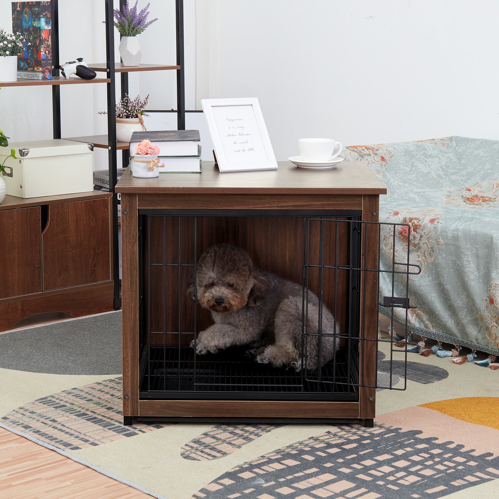 The bingopaw dog cage is made of wood and metal with a nice-looking walnut color finish. Application in all kinds of interiors. Dual doors for multiple entry options, latch mechanism keep your dogs secure. It also features a removable tray to make cleaning up accidents or spills easy.
