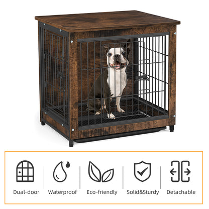 Furniture Dog Cage End Table Wooden Crate Double Door & Tray