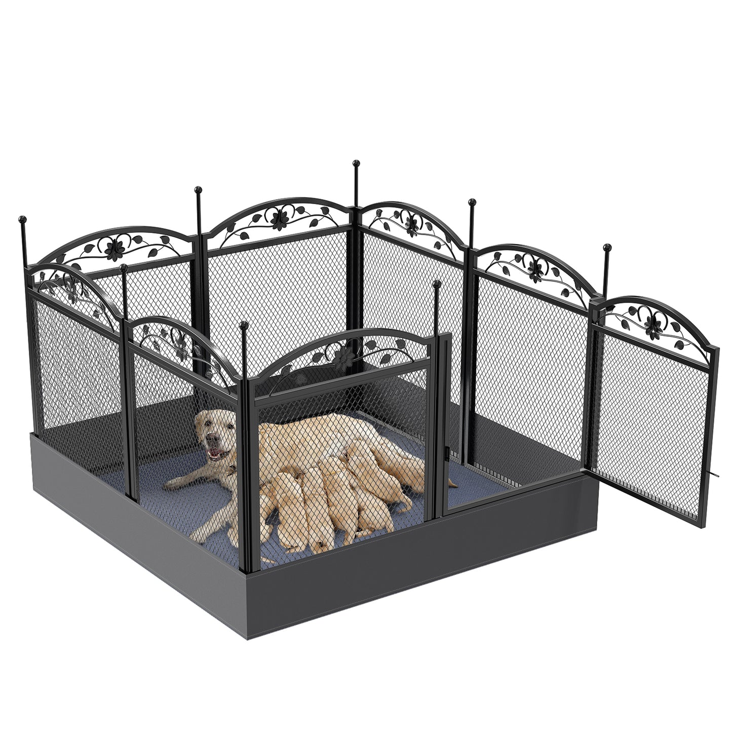 Heavy duty metal playpen, also can be a dog crate, dog fence for yard. The pen is see-through so your dogs can still see you and reduce their anxiety. Also giving your puppies room to explore and play safely. Very useful when you need train your puppies or you are busy around the house. 