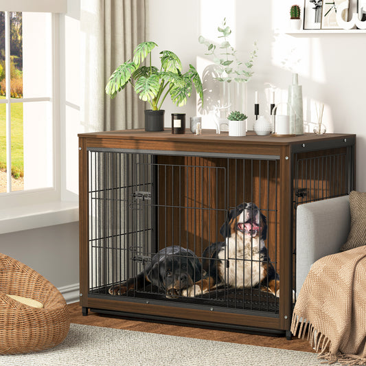 The hone wood dog cage helps keep your pup calm and prevent them from escaping.  Offers ample ventilation on all sides so your pet stays cool and comfortable. Dog Training Crate Kennel Double Door with Tray Metal Wood Dog Cage