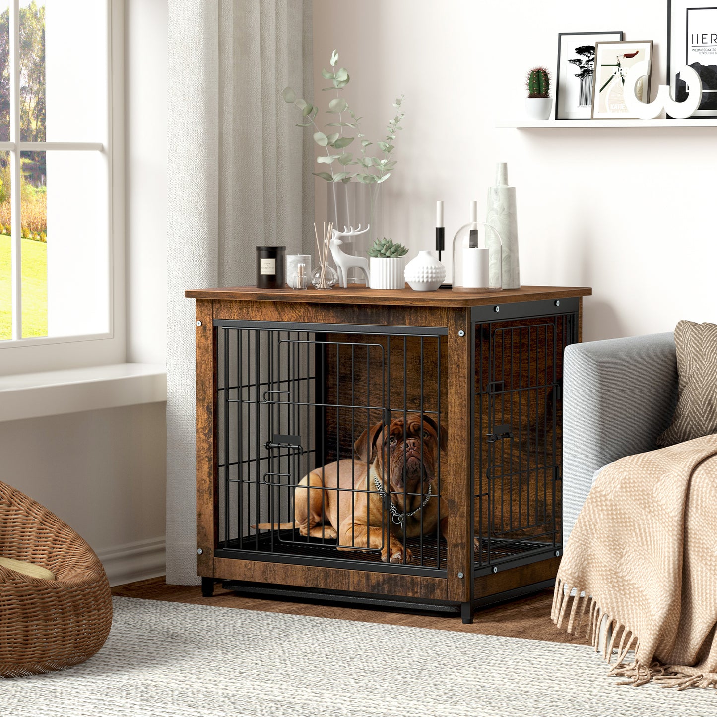 Furniture Dog Cage End Table Wooden Crate Double Door & Tray