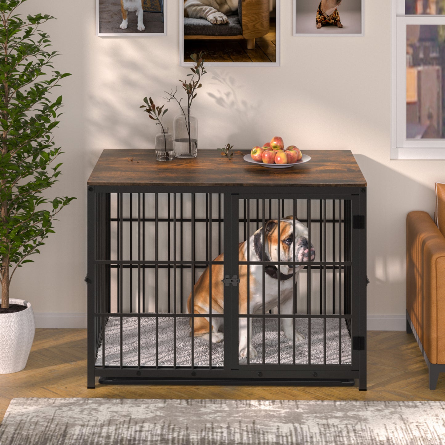 BINGOPAW Furniture Style Wooden Dog Crate Pet Kennel End Table with Three Doors and Tray