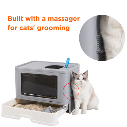 Enclosed Cat Litter Box Front Entry & Top Exit Toilet Boxes Litter Tray Drawer With Massager Litter Scoop for Kittens, Detachable Design