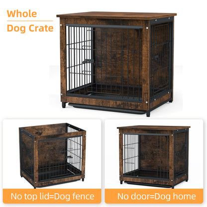 Furniture Dog Cage End Table Wooden Crate Double Door & Tray