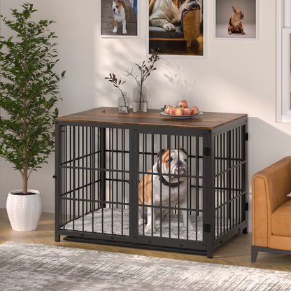 BINGOPAW Furniture Style Wooden Dog Crate Pet Kennel End Table with Three Doors and Tray
