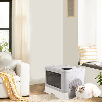 Enclosed Cat Litter Box Front Entry & Top Exit Toilet Boxes Litter Tray Drawer With Massager Litter Scoop for Kittens, Detachable Design