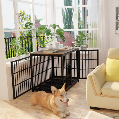 BINGOPAW Furniture Style Wooden Dog Crate Pet Kennel End Table with Three Doors and Tray