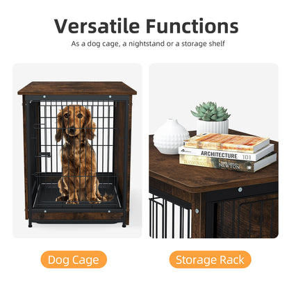 Furniture Dog Cage End Table Wooden Crate Double Door & Tray