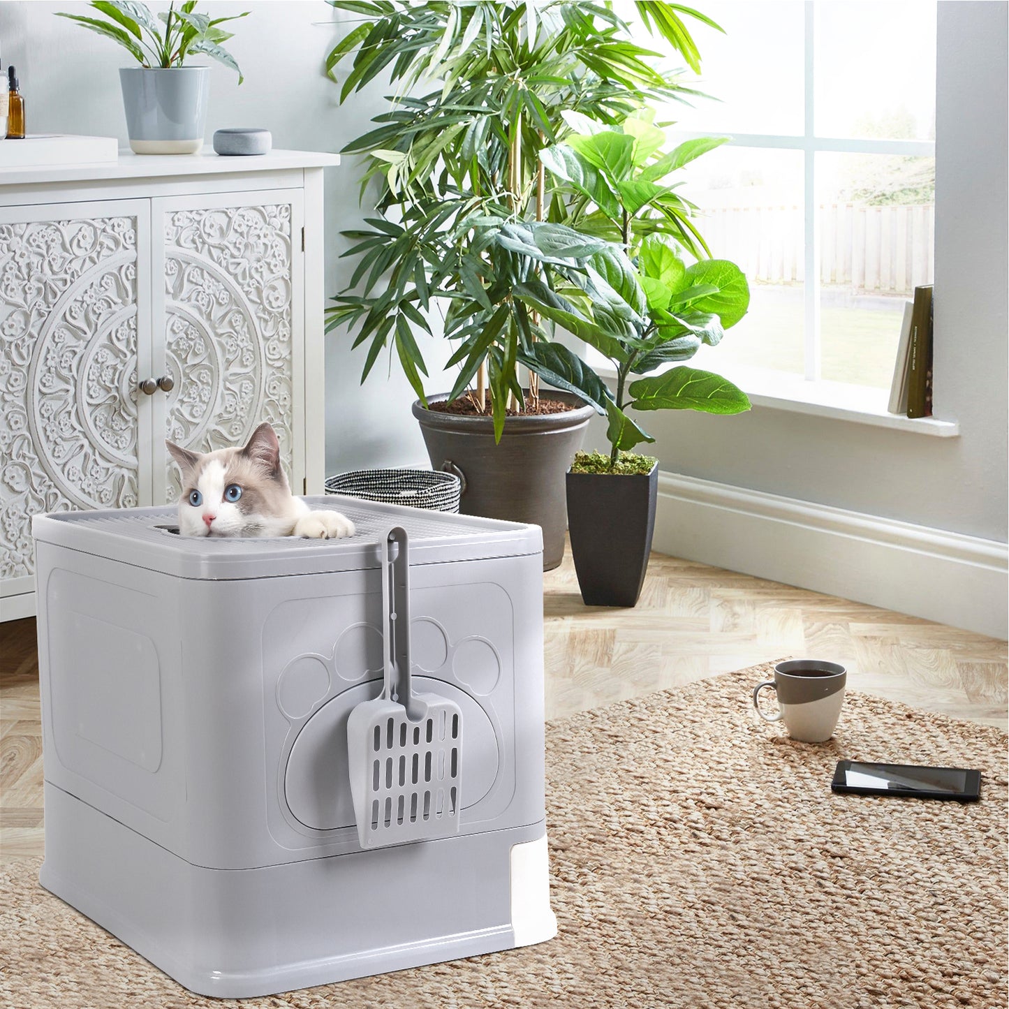 Enclosed Cat Litter Box Front Entry & Top Exit Toilet Boxes Litter Tray Drawer With Massager Litter Scoop for Kittens, Detachable Design