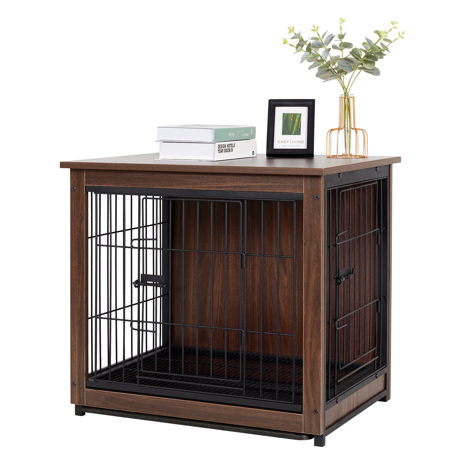Dog Training Crate Kennel Double Door with Tray Metal Wood Dog Cage – BingoPaw