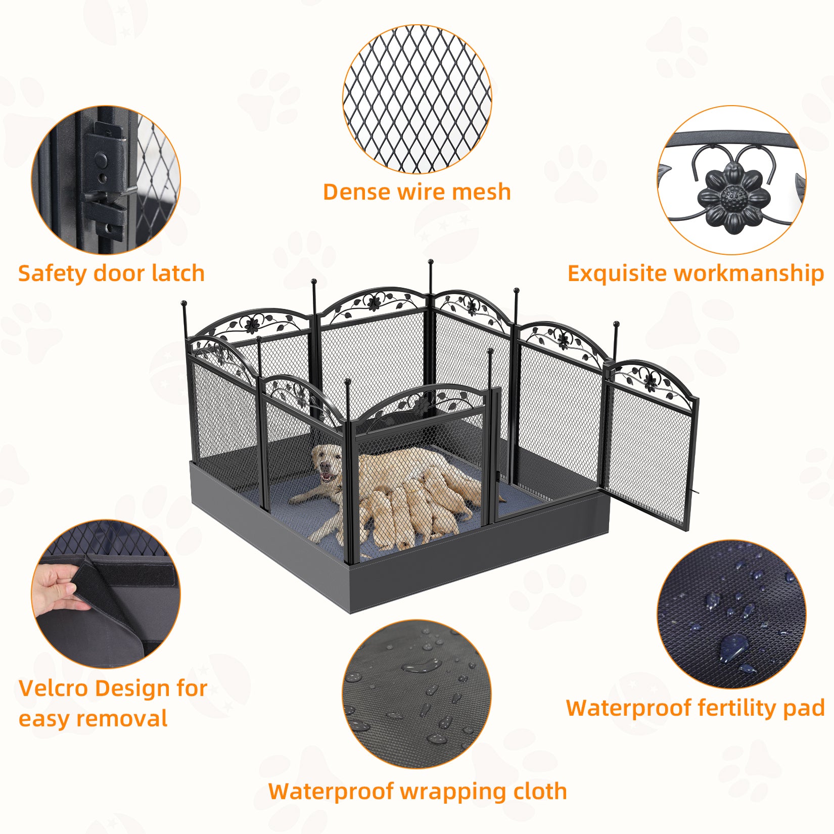 Each panel is high enough to prevent the dog from jumping out of the fence. Designed a gate door, with a safety latch, allows person or dogs go in and out freely.  See- through and semi-open area, reduces your dog’s anxiety. Pet pen provides your dogs more freedom to move around and play. 