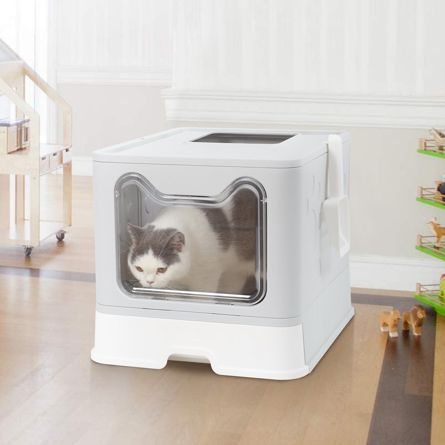 Large Enclosed Cat Litter Box with Scoop Drawer Portable Foldable Litter Boxes Furniture for Cats Indoors Kittens