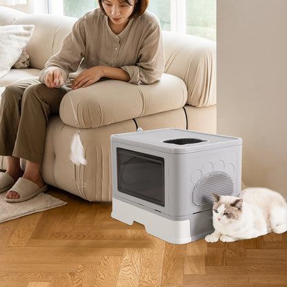Enclosed Cat Litter Box Front Entry & Top Exit Toilet Boxes Litter Tray Drawer With Massager Litter Scoop for Kittens, Detachable Design
