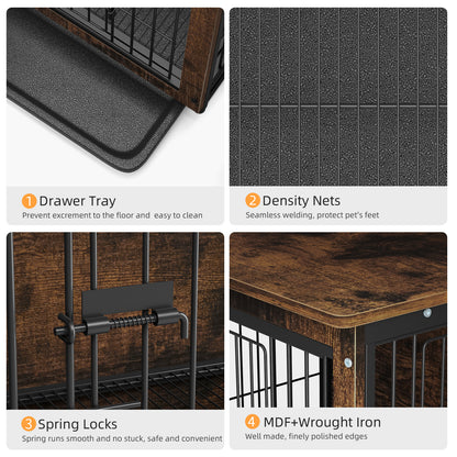 Furniture Dog Cage End Table Wooden Crate Double Door & Tray
