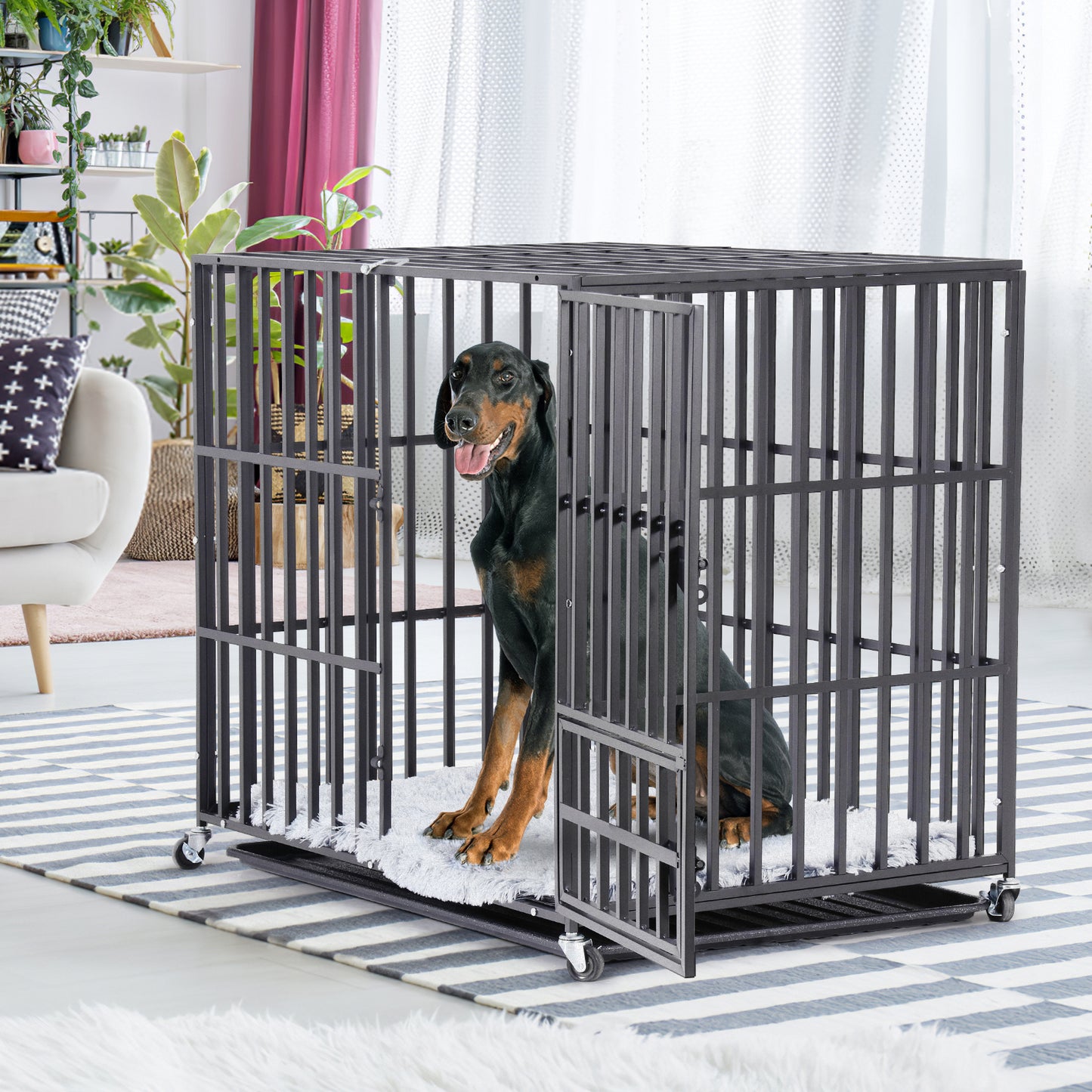 37” 42” 46” Heavy Duty Dog Cage Pet Dog Crate w/ 3 Doors Kennel