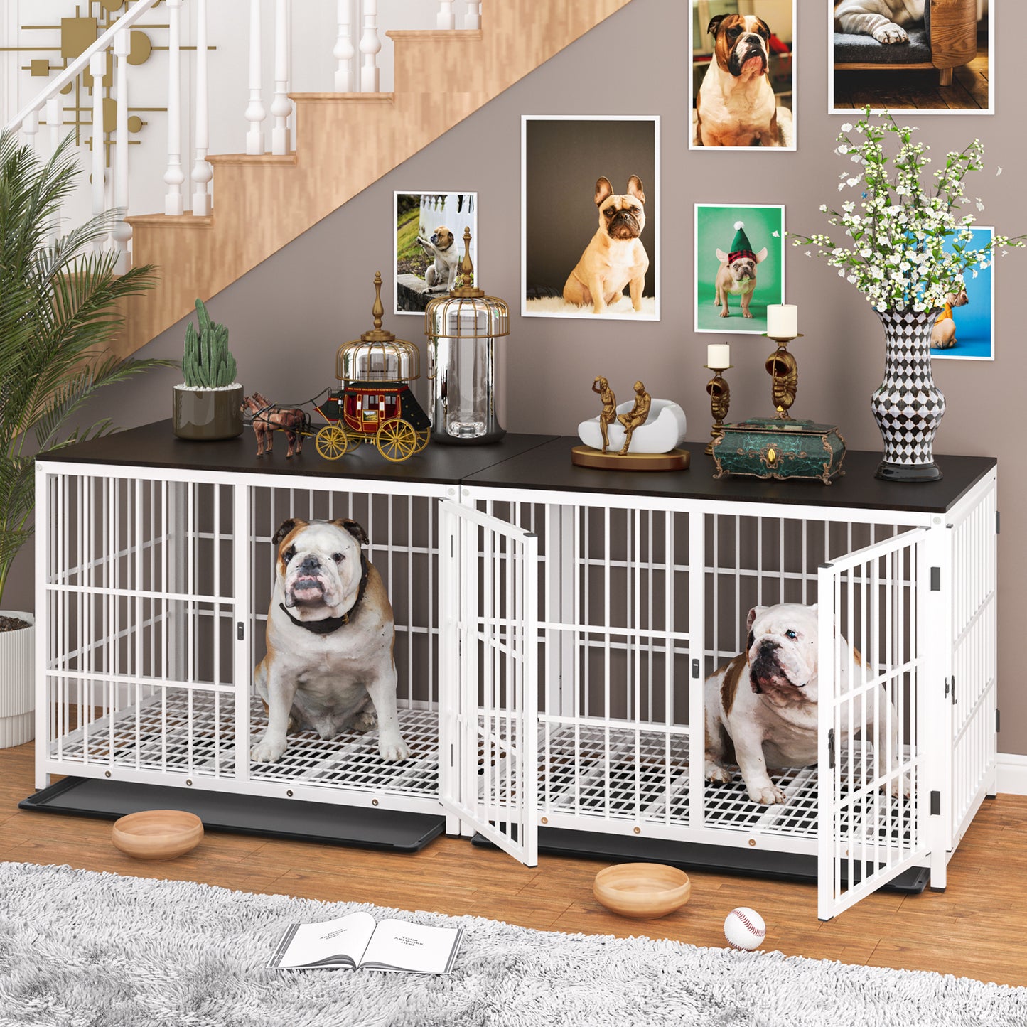 Furniture Style Wooden Dog Crate Pet Kennel End Table with Three Doors and Tray