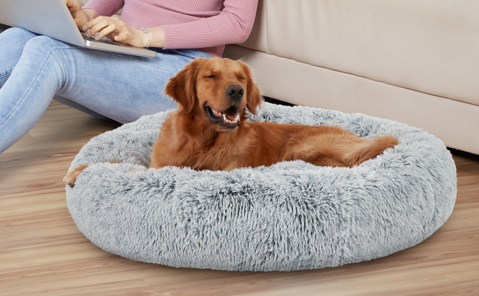 Round Dog Bedding Pet Cat Warm Comfortable Fluffy Cuddler Calming Nesting Bed