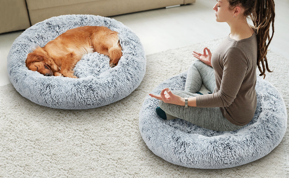 Round Dog Bedding Pet Cat Warm Comfortable Fluffy Cuddler Calming Nesting Bed