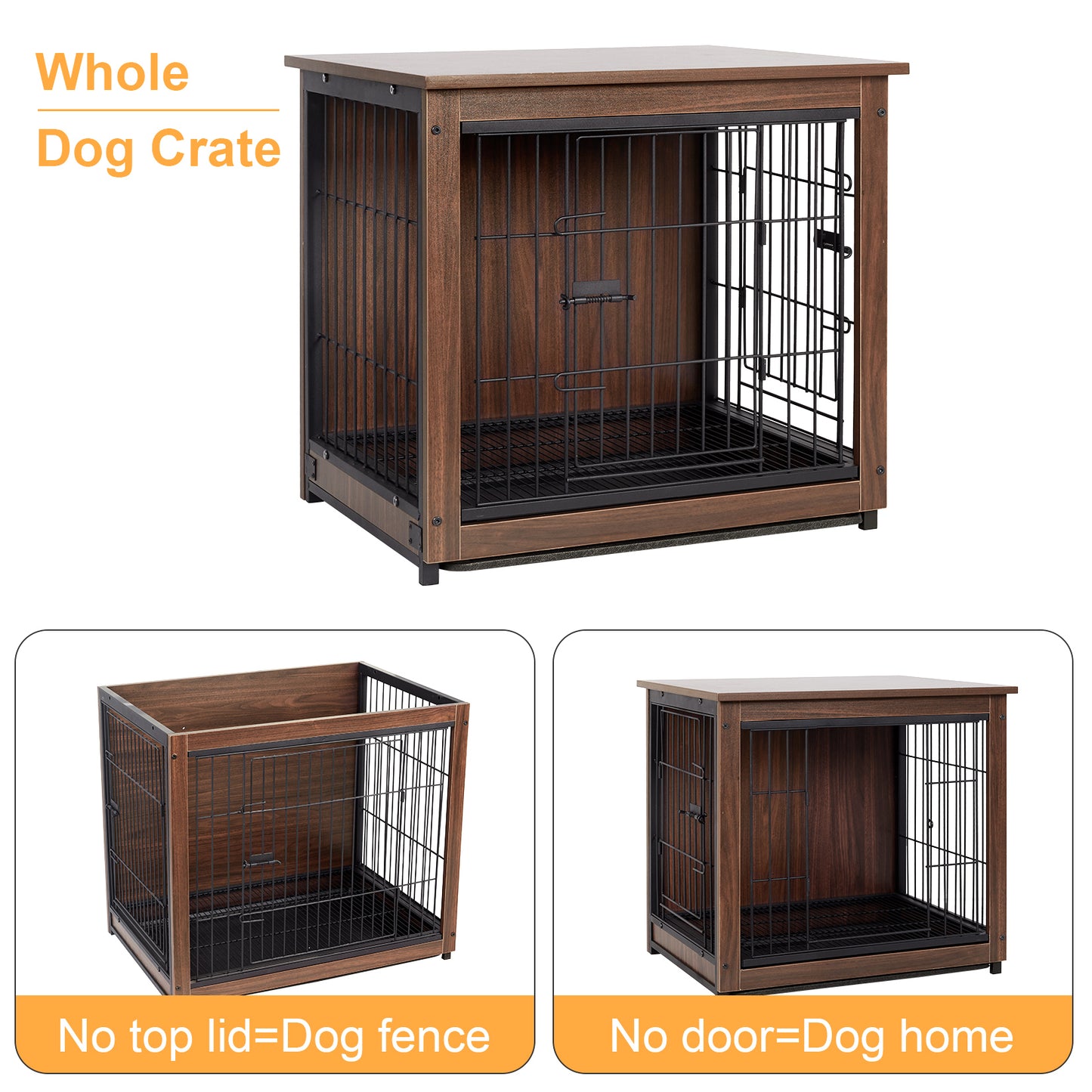 Dog Training Crate Kennel Double Door with Tray Metal Wood Dog Cage
