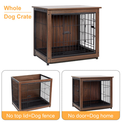 Dog Training Crate Kennel Double Door with Tray Metal Wood Dog Cage