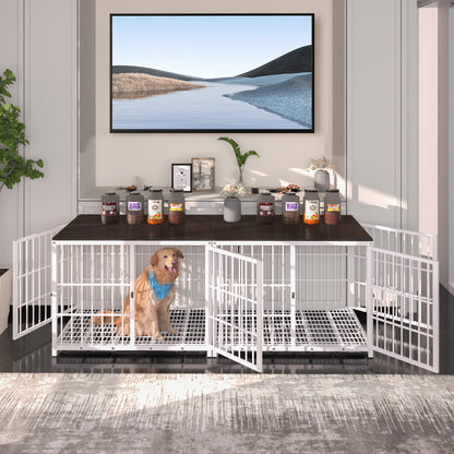 Furniture Style Wooden Dog Crate Pet Kennel End Table with Three Doors and Tray