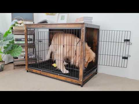 Furniture Dog Cage End Table Wooden Crate Double Door & Tray