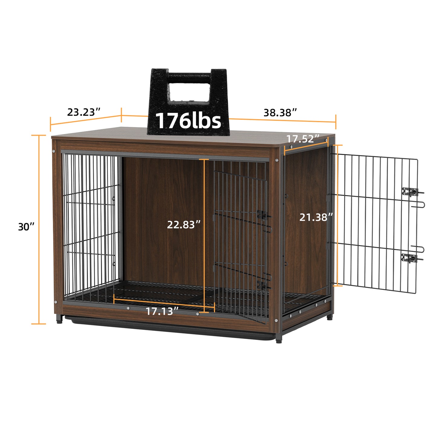 Dog Training Crate Kennel Double Door with Tray Metal Wood Dog Cage