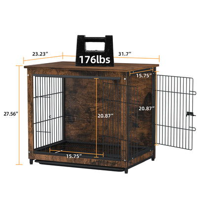 Furniture Dog Cage End Table Wooden Crate Double Door & Tray